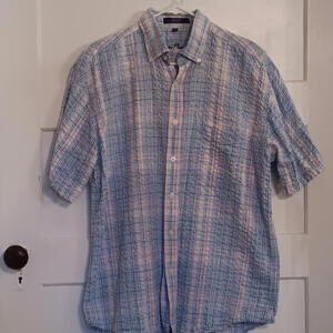 Alan Flusser Button Up Shirt Mens Medium Blue Pink Check Casual SS Searsucker